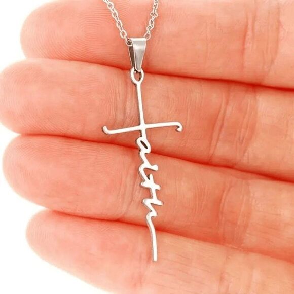 SILVER STAINLESS STEEL FAITH CROSS INSPIRATIONAL NECKLACE - Picture 3 of 4